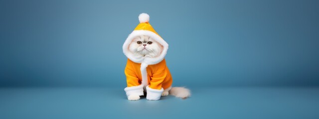 Cute funny white persian cat in Santa Claus orange costume isolated on light blue background with copy space. Serious and angry pet. Happy New Year and Christmas banner for pet shop