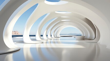 Modern architectural design of a white curved structure with reflective floors.