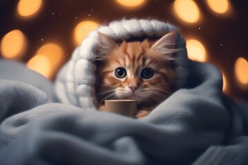 Domestic orange kitten wrapped in gray blanket with cup of tea. Happy pet has relax. Sick cat under a blanket drinking hot drink on the sofa. Cozy autumn or winter concept	