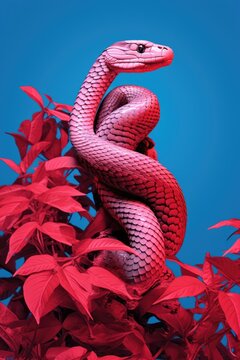 Mystic pink snake and tropical leaves on bright blue background. King snake wrapping around colorful flowers. Floral illustration in vintage style. Exotic pet portrait	