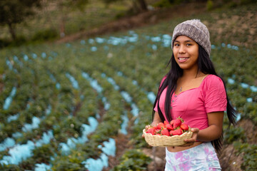 Mujer turista bastante joven con diadema tejida sosteniendo un tazón lleno de frutas y comiendo...