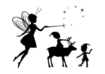 Silhouettes of fairy and elves with reindeer