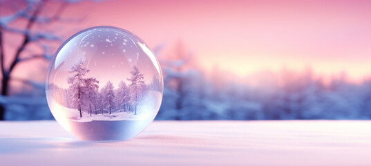 Frozen Christmas ornaments on pastel blue, pink and purple background. Merry christmas greeting card, banner. Winter holiday xmas theme. Happy New Year.