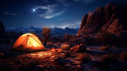 A Solitary Shelter in the Desert: A Tent Under a Starry Night Sky