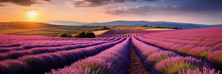 A farmland overlooking the horizon where beautiful lavender flowers bloom. Changes in the weather and the environment transform the flower fields into magical heavenly paradise scenery.