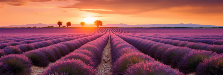 Morning sun.A farmland overlooking the horizon where beautiful lavender flowers bloom. Changes in...