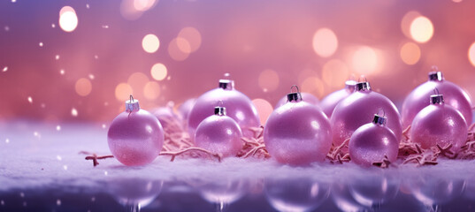 Fototapeta premium Frozen Christmas ornaments on pastel blue, pink and purple background. Merry christmas greeting card, banner. Winter holiday xmas theme. Happy New Year.