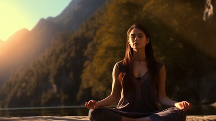 Fototapeta na wymiar Finding Inner Peace: A Woman Meditating in the Serene Presence of a Majestic Mountain