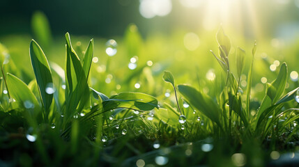 Fresh grass with morning dew glows under the radiant sunrise, symbolizing new beginnings.