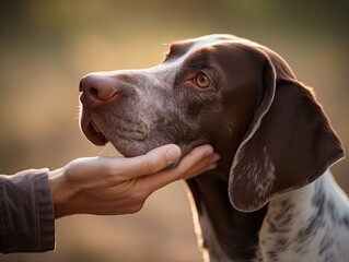 AI-generated closeup illustration of a dog and affection from its beloved male owner. MidJourney.