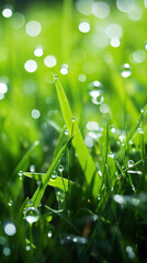 Fototapeta premium Close-up of fresh grass with dewdrops reflecting the morning sun. The image portrays the serenity of a dewy meadow at sunrise.
