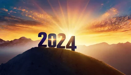 Zelfklevend Fotobehang Year 2024, concept. New Year 2024 at sunset. Silhouette 2024 stands on a mountain with sun rays at sunrise, creative idea.   © adobedesigner
