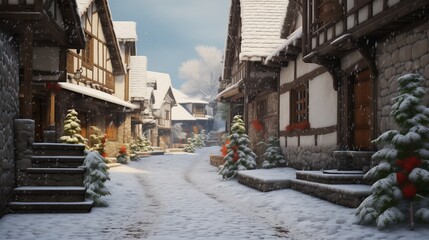 Fototapeta na wymiar A Tranquil Winter Wonderland: Snowy Street in a Quaint Small Town