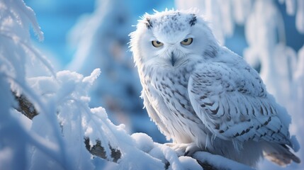 A Majestic Snowy Owl Perched on a Winter Wonderland Branch