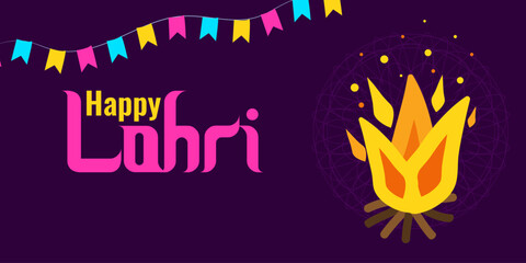 Lohri festival Punjabi fiery harvest in India. Bright colored flags bonfire and inscription dark background. Template background poster, flyer. Holiday concept. Vector illustration.