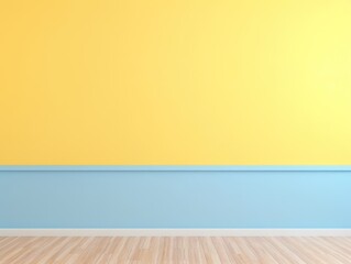 Yellow and blue color classic wall background with copy space. Parquet floor. Mock up room.