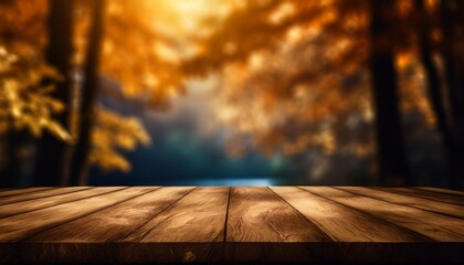 The empty wooden table top with blur background of autumn. Exuberant image.	

