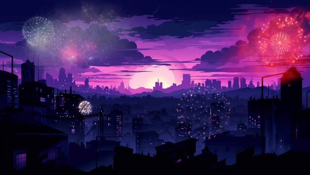 Colorful fireworks against a backdrop of purple sky and city silhouettes. New Year's Eve celebration or other. seamless looping virtual animation background, cartoon style. Generated with AI
