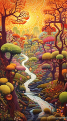 Illustration of a river painting with many different patterns and lines