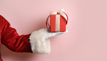 Image of hand of santa claus holding christmas gift with copy space background. Christmas, tradition and celebration concept. christmas Photo of Santa Claus gloved hand with giftbox	
