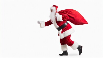 Santa Claus pulls big red sack with gifts, which can be changed into a banner isolated on white background with copy space. New Year greeting card. Christmas concept.	
