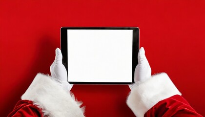 Image of hands of santa claus holding tablet with blank screen and copy space on red background.  - obrazy, fototapety, plakaty