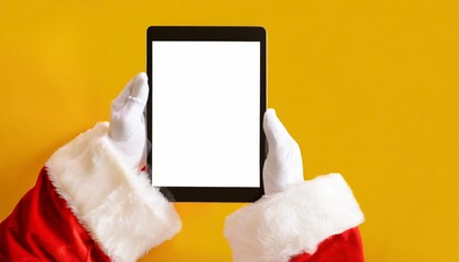 Image of hands of santa claus holding tablet with blank screen and copy space on yellow background	
