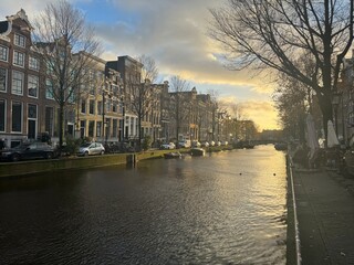 canal in Amsterdam with sunset 