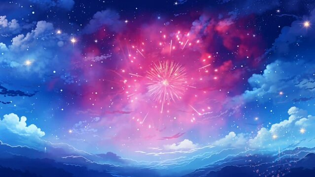 Colorful fireworks shining in the night sky. new year concept or other celebratory occasion. seamless looping virtual animation background, cartoon style. Generated with AI
