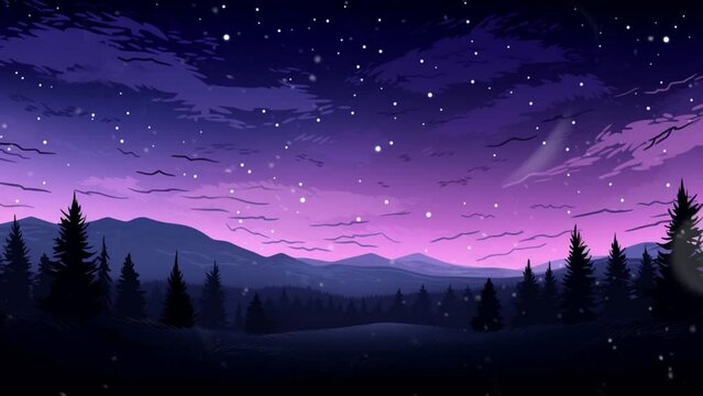 Mysterious landscape of majestic mountains in winter with purple night sky and snowfall. Smooth looping video background animation, cartoon style. Generated with AI