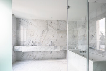 Modern bathroom with bathtub and sinks