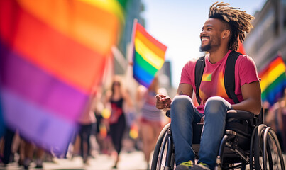 Disabled gay man in a wheelchair celebrating LGBTQ+ pride festival on a sunny summer day with rainbow flags to support gay right flags and freedom