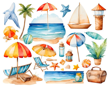 set of beach watercolor elements isolated on transparent background