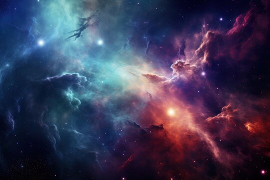 A vivid depiction of a colorful nebula in deep space, with swirling gases and bright stars.