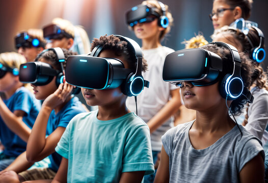 group of children in virtual reality helmets