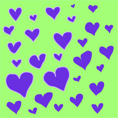Abstract violet hearts seamless pattern. Bright abstract love design on green background. Design for greeting cards, Valentines day, wrapping papers, badges, stickers, gift tags