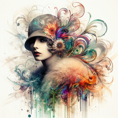 Abstract fantasy illustration featuring a close up portrait of striking 1920's Gatsby girl, pheasant cloche, fur stole, inspired by [Rolf Armstrong, Margaret Keane, Paul Poiret], enveloped in colorful