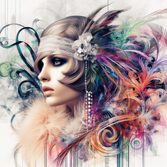 Abstract fantasy illustration featuring a close up portrait of striking 1920's Gatsby girl, pheasant cloche, fur stole, inspired by [Rolf Armstrong, Margaret Keane, Paul Poiret], enveloped in colorful