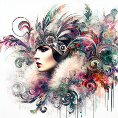 Abstract fantasy illustration featuring a close up portrait of striking 1920's Gatsby girl, pheasant cloche, fur stole, inspired by [Rolf Armstrong, Margaret Keane, Paul Poiret], enveloped in colorful