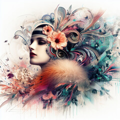 Abstract fantasy illustration featuring a close up portrait of striking 1920's Gatsby girl, pheasant cloche, fur stole, inspired by [Rolf Armstrong, Margaret Keane, Paul Poiret], enveloped in colorful