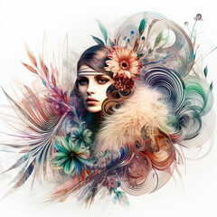 Abstract fantasy illustration featuring a close up portrait of striking 1920's Gatsby girl, pheasant cloche, fur stole, inspired by [Rolf Armstrong, Margaret Keane, Paul Poiret], enveloped in colorful