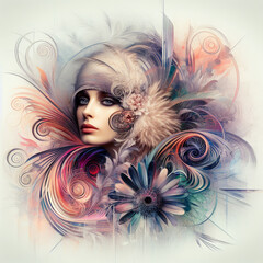 Abstract fantasy illustration featuring a close up portrait of striking 1920's Gatsby girl, pheasant cloche, fur stole, inspired by [Rolf Armstrong, Margaret Keane, Paul Poiret], enveloped in colorful