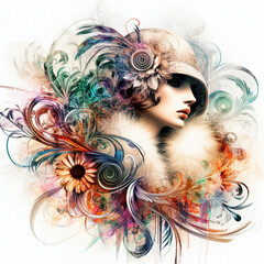 Abstract fantasy illustration featuring a close up portrait of striking 1920's Gatsby girl, pheasant cloche, fur stole, inspired by [Rolf Armstrong, Margaret Keane, Paul Poiret], enveloped in colorful