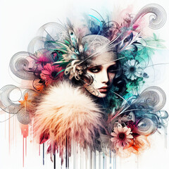 Abstract fantasy illustration featuring a close up portrait of striking 1920's Gatsby girl, pheasant cloche, fur stole, inspired by [Rolf Armstrong, Margaret Keane, Paul Poiret], enveloped in colorful