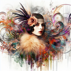 Abstract fantasy illustration featuring a close up portrait of striking 1920's Gatsby girl, pheasant cloche, fur stole, inspired by [Rolf Armstrong, Margaret Keane, Paul Poiret], enveloped in colorful