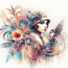 Abstract fantasy illustration featuring a close up portrait of striking 1920's Gatsby girl, pheasant cloche, fur stole, inspired by [Rolf Armstrong, Margaret Keane, Paul Poiret], enveloped in colorful