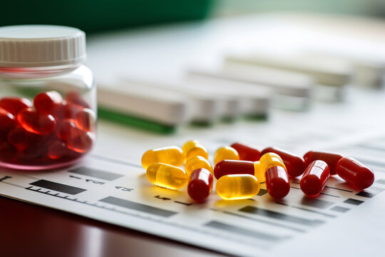Generative AI illustration transparent bottle with red capsules and scattered yellow capsules on a medication chart