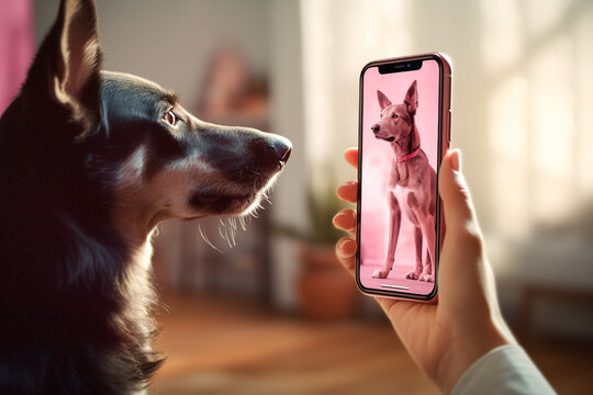 Generative AI illustration anonymous person holds up a smartphone displaying a picture of dog in front of curious dog with a similar appearance