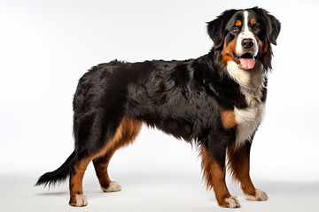 Bernese Mountain Dog standing on a white background. Animal right-side portrait.