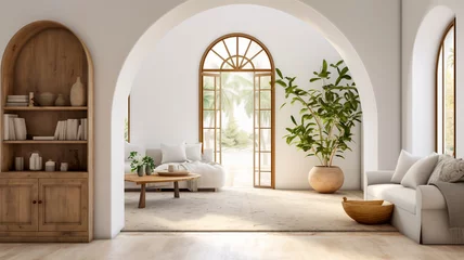 Foto op Canvas Beautiful tropical open plan living area with white walls upholstered sofa floor plant and arched display unit and patio doors modern interior room design © RCH Photographic
